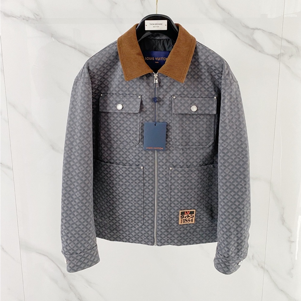 Louis Vuitton Gray Quilted Bomber Jacket with Brown Corduroy Collar